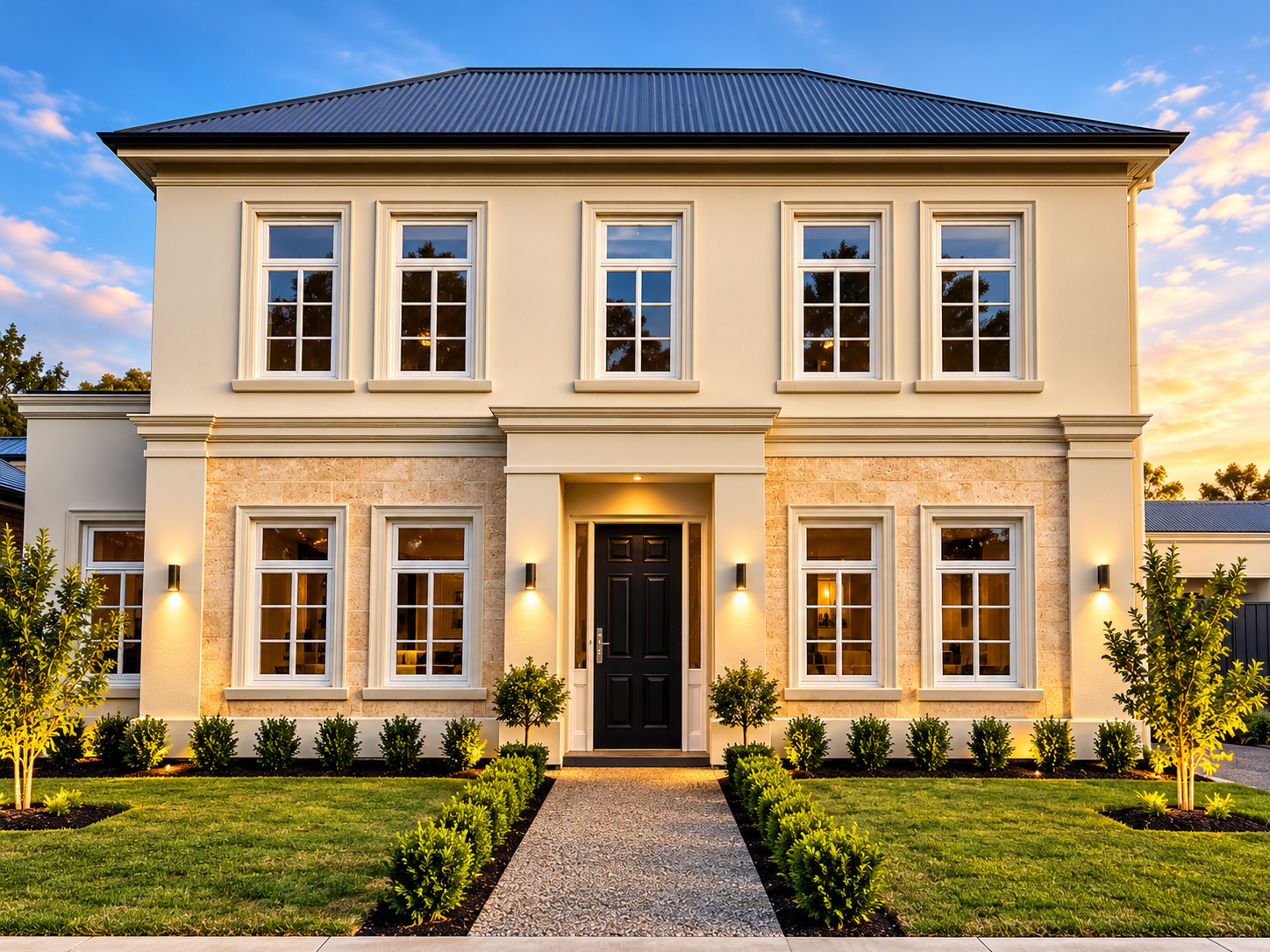 Elegant residential home exterior with freshly finished light surfaces
