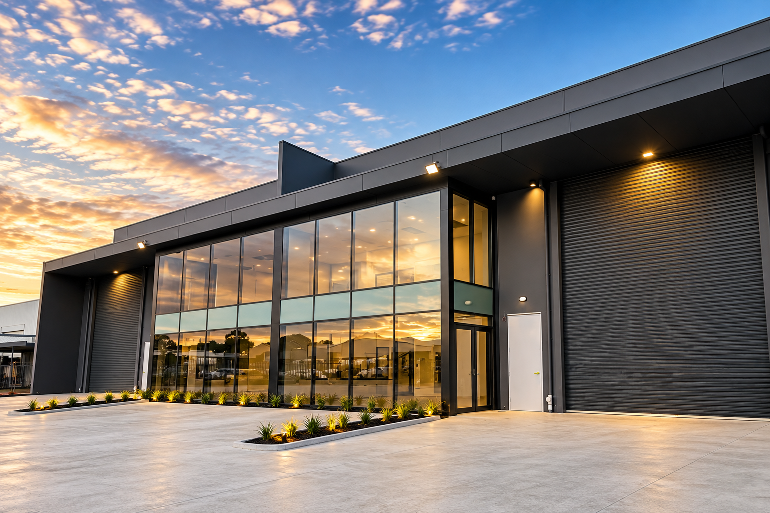 Modern commercial building exterior with charcoal architectural finishes and glass frontage